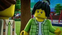 a woman in a green plaid shirt is standing next to a man