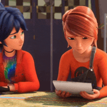 a couple of cartoon characters sitting at a table looking at a tablet