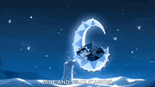 a cartoon drawing of jane and jelly canon sitting on a crescent moon