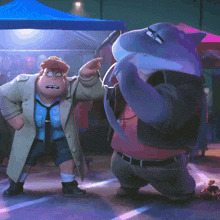 two cartoon characters are standing next to each other and one of them is wearing a trench coat and shorts