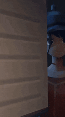 a close up of a cartoon character peeking out of a doorway .