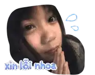 a sticker of a girl with her hands folded and the words xin loi nha