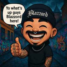 a cartoon of a man wearing a beanie that says blazzard