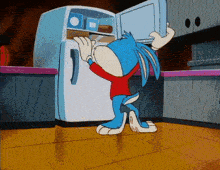 a cartoon character is standing in front of a refrigerator