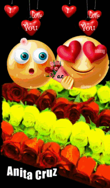 a couple of smiley faces with hearts in their eyes and the words " i love you " above them