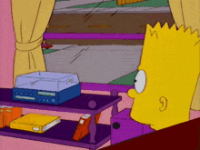 bart simpson is looking out a window while sitting in front of a shelf full of books
