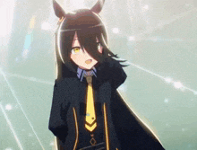 a girl with long black hair and yellow eyes is wearing a black jacket and tie .
