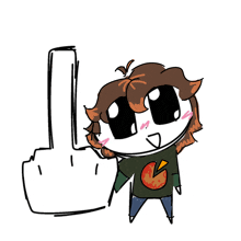 a cartoon character giving the middle finger with a pizza on his shirt