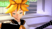 a cartoon character playing a guitar with a yellow flower on his head