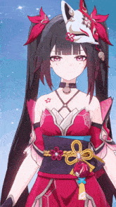 a girl with long black hair wearing a red dress and a white mask