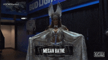 a woman in a costume with the name megan bayne on the bottom