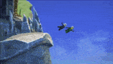 a cartoon character is upside down with a sword in his hand