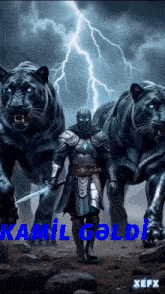 a man in armor stands in front of two black tigers with lightning behind him