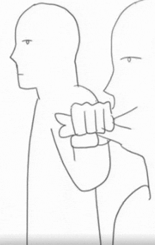 a black and white drawing of a person holding a fist in front of another person .
