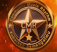 a logo for community music rhythm with a gold star in the center