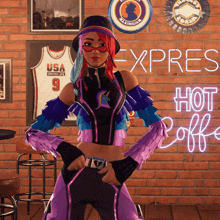 a girl in a purple outfit stands in front of a neon sign that says express hot coffee