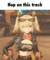 a video game character with the words hop on this trash on the bottom