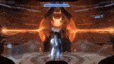 a video game screen shows a woman standing in front of a nuclear device