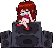 a cartoon girl is sitting on top of a speaker with her eyes closed .