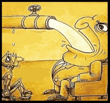 a cartoon of a man sitting in a chair with a pipe coming out of his mouth