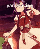 a picture of a girl with purple hair and the words yan leaving above her