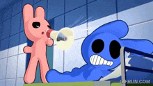a pink rabbit is holding a megaphone next to a blue cartoon character