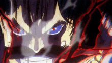 a close up of a person 's face with red eyes and smoke coming out of them