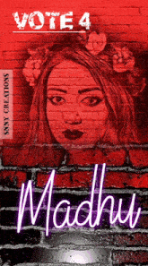 a brick wall with a drawing of a woman and the name madhu