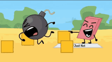 a cartoon of a bomb and a block with just not written on the bottom