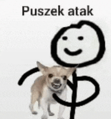 a dog is standing next to a stick figure with a smile on its face .