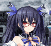 a purple haired anime girl with glasses and a blue bow