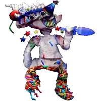 a clown holding a cake spatula with the number 5 on his hat