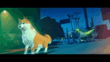 a brown and white dog is standing on a street in a city .