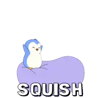 a penguin is standing on top of a purple sphere that says squish