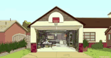 a cartoon drawing of a garage with a basketball hoop on top