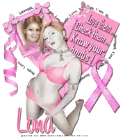 a picture of a woman in a pink bra with a pink ribbon and a sign that says love them check them know your knobs