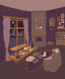 an illustration of a living room with a fireplace