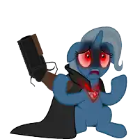 a blue pony with red eyes is holding a black gun
