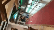 a group of people are walking down a red carpet in a room .