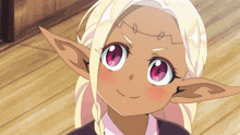 a girl with blonde hair and red eyes is smiling