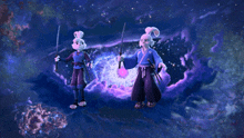 a couple of cartoon characters standing next to each other in a purple space