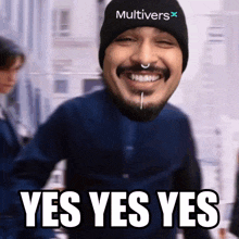 a man wearing a hat that says multivers on it smiles and says yes yes yes