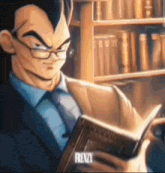 a man in a suit and tie is reading a book .