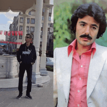 a man wearing a puma sweatshirt stands next to a man with a mustache