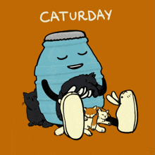a cartoon drawing of a blue barrel surrounded by cats and the words saturday below it