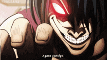 a cartoon character is pointing at the camera with the words agora consigo below him