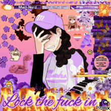 a girl in a purple hat is covering her face with her hand and the words lock the fuck in are on the bottom