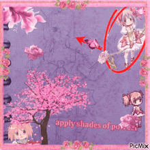 a purple background with pink flowers and the words apply shades of powder on it