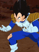a cartoon character in a blue and white outfit is holding something in his hand