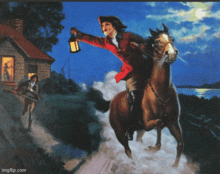 a painting of a man riding a horse while holding a lantern